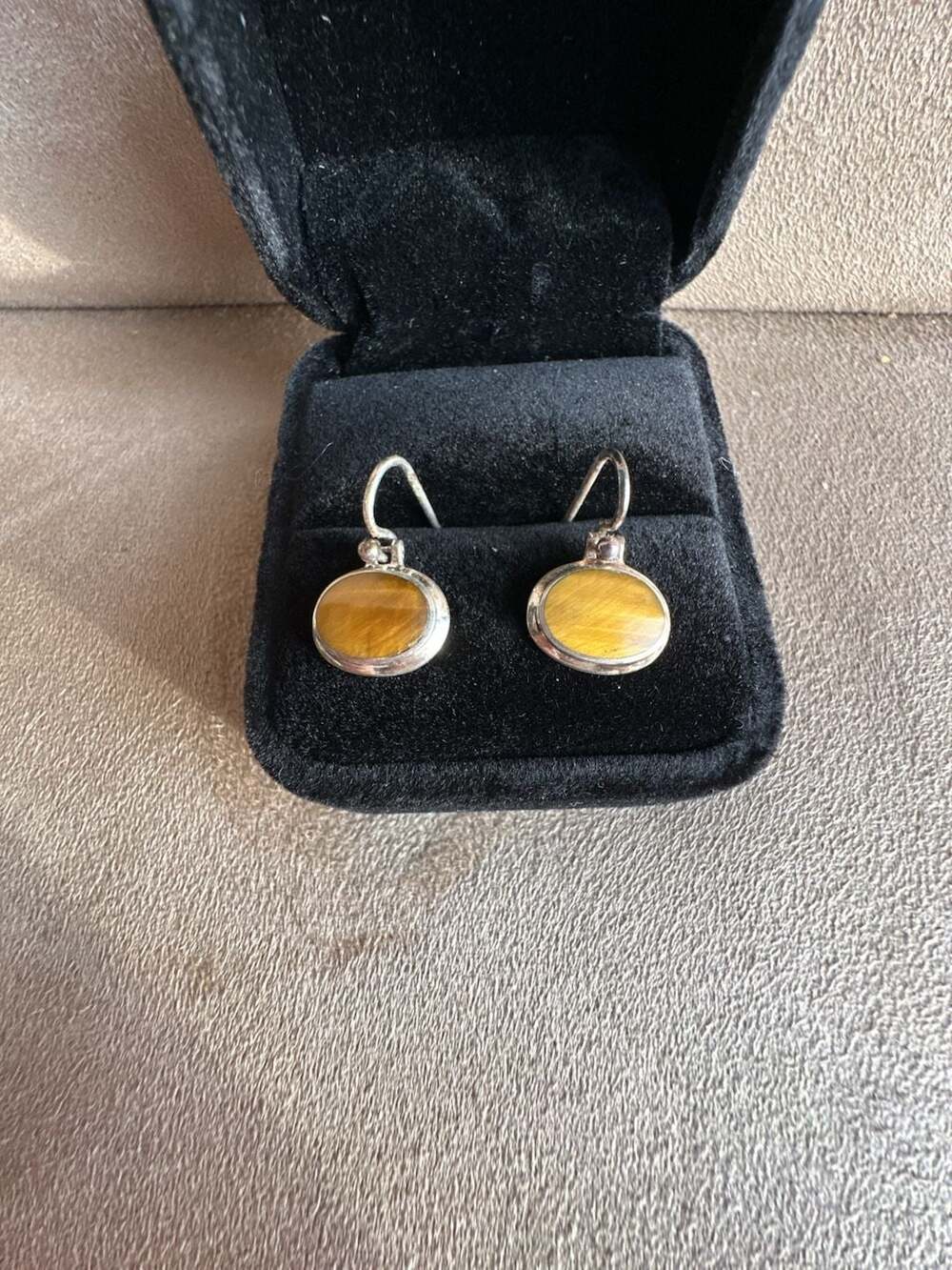 SU Thailand Sterling Silver 925 Oval Tiger's Eye Dangle Hook Earrings